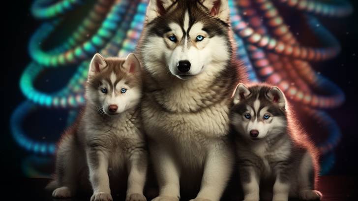 Alaskan Malamute mother with her diverse litter showcasing subtle temperament cues through body language