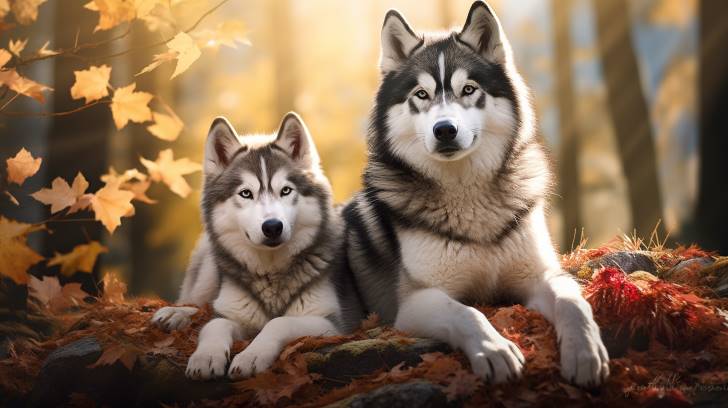 Alaskan Malamute pair in distinct seasonal settings showcasing stages of the breeding cycle