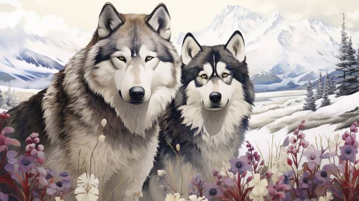 Alaskan Malamute pair with diverse coat patterns emphasizing care and natural diversity