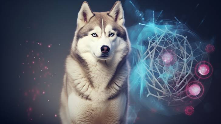Alaskan Malamute with a DNA double helix overlay indicating common genetic health concerns